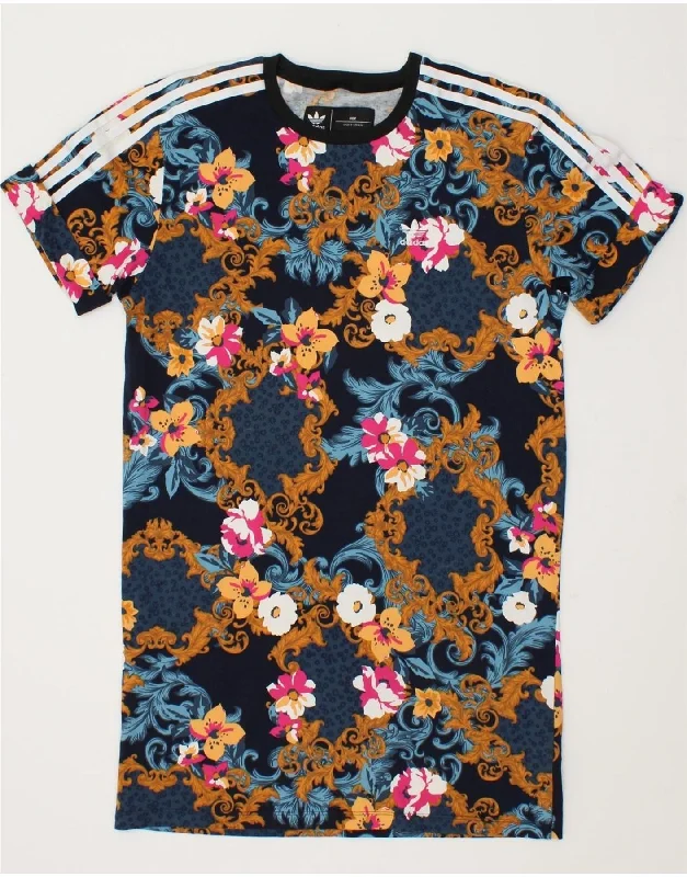 ADIDAS Womens Oversized T-Shirt Dress UK 6 XS Navy Blue Floral Cotton Hooded Caped Shawl Collar ADIDAS Womens Oversized T-Shirt Dress UK 6 XS Navy Blue Floral Cotton Hooded Caped Shawl Collar