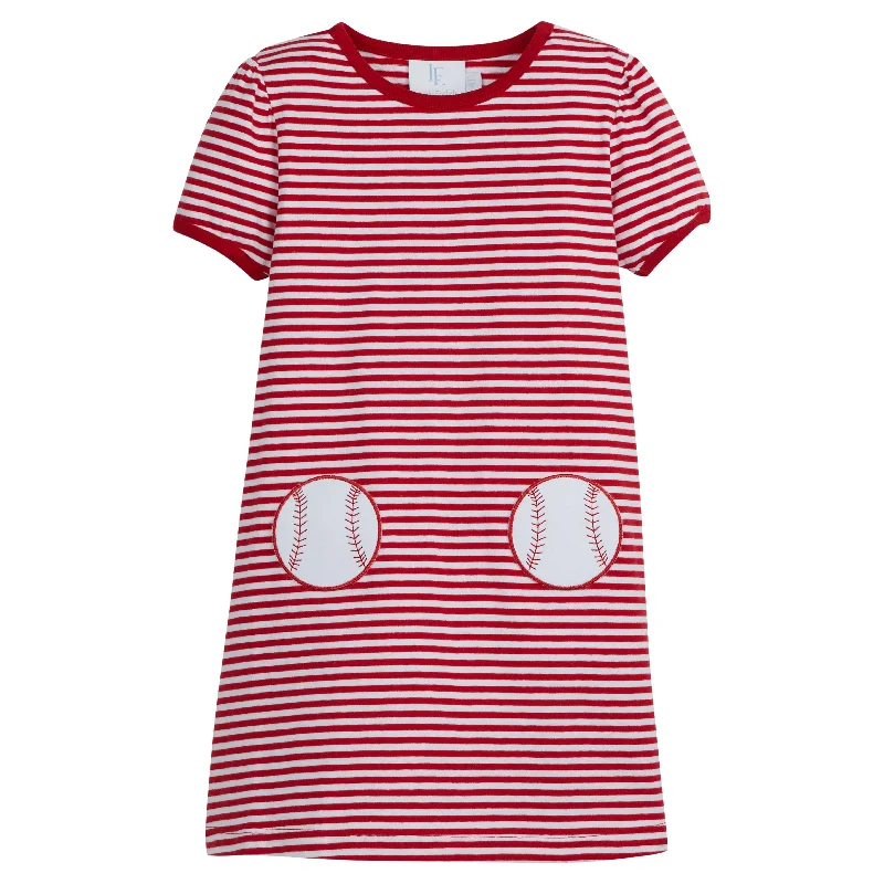 Applique Pocket T-Shirt Dress - Baseball Print Jacquard Patchwork