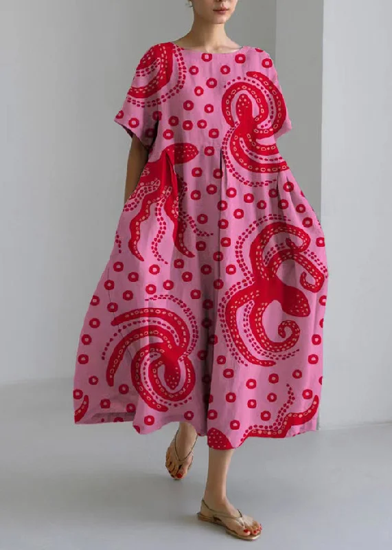 Art Rose Wrinkled Print Cozy Long Dress Summer Boatneck Modish Everyday