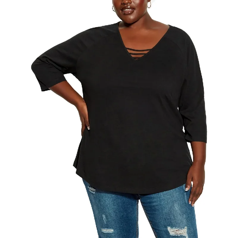 Avenue Womens Plus V Neck Lattice T-Shirt Hooded Caped Shawl Collar
