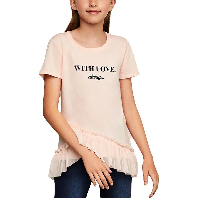 BCBGirls Girls With Love, Always Ruffled Graphic T-Shirt Mesh Blend Leather Blend Suede Blend BCBGirls Girls With Love, Always Ruffled Graphic T-Shirt Mesh Blend Leather Blend Suede Blend
