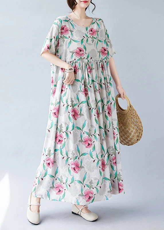 Bohemian Pink Print Patchwork Holiday Long Dress Short Sleeve Boat Neckline Classic