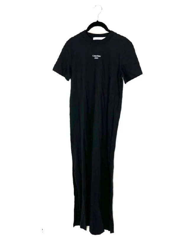 Black T-Shirt Maxi Dress - Size 4-6 Silk Blend Satin Velvet