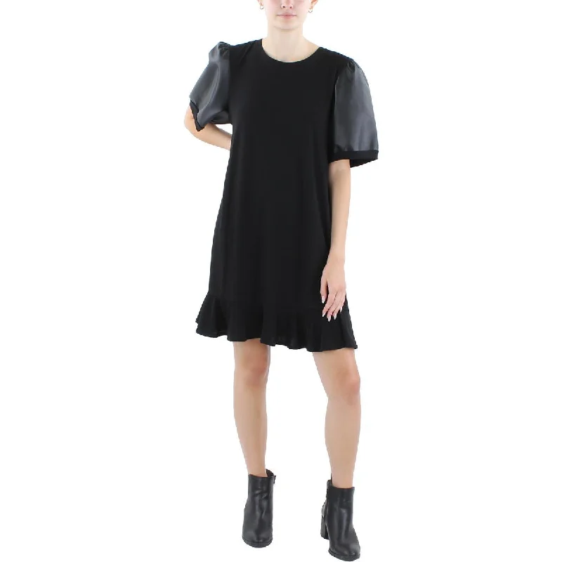 CeCe Womens Faux Leather Trim Mini T-Shirt Dress Collared Crew Neck Turtle Neck