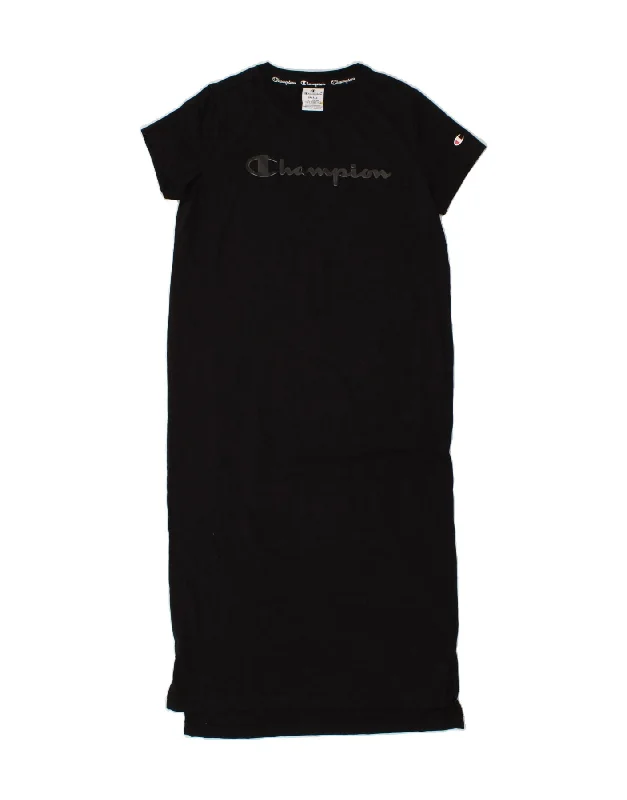 CHAMPION Womens Graphic T-Shirt Dress UK 10 Small Black Cotton Collared T-Shirt Boat Neck A-Line CHAMPION Womens Graphic T-Shirt Dress UK 10 Small Black Cotton Collared T-Shirt Boat Neck A-Line