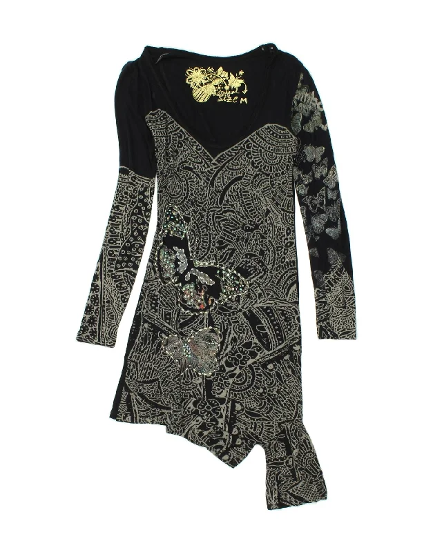 DESIGUAL Womens Graphic Asymmetric T-Shirt Dress UK 12 Medium Black Floral Satin Fabric Silk Fabric Chiffon Fabric DESIGUAL Womens Graphic Asymmetric T-Shirt Dress UK 12 Medium Black Floral Satin Fabric Silk Fabric Chiffon Fabric