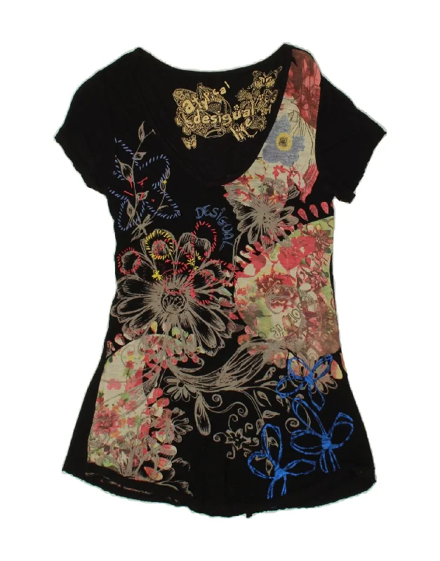 DESIGUAL Womens Graphic T-Shirt Dress UK 10 Small Black Floral Hooded Caped Shawl Collar DESIGUAL Womens Graphic T-Shirt Dress UK 10 Small Black Floral Hooded Caped Shawl Collar