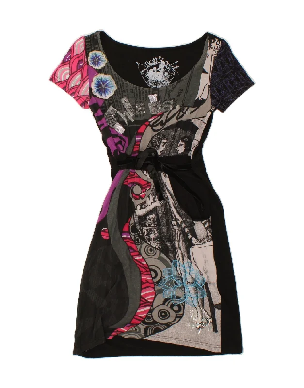 DESIGUAL Womens Graphic T-Shirt Dress UK 8 Small Black Viscose Houndstooth Herringbone Solid DESIGUAL Womens Graphic T-Shirt Dress UK 8 Small Black Viscose Houndstooth Herringbone Solid
