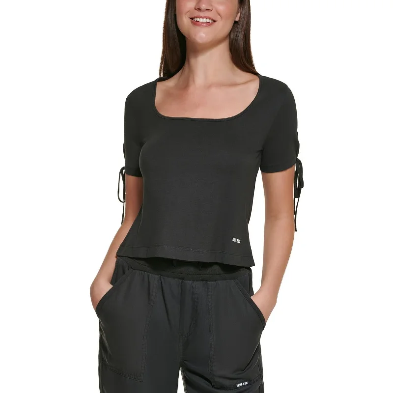 DKNY Jeans Womens Cropped Tied-Sleeve T-Shirt Satin Blend Silk Blend Wool Blend