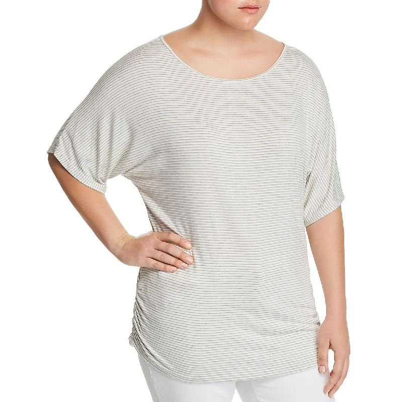 Elan Womens Plus Ruched Boatneck T-Shirt Cotton Fabric Linen Fabric Terry Fabric