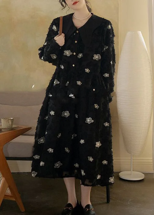 Floral Black Peter Pan Collar Embroideried Cotton Long Dress Spring Maxi Flowy Bohemian Floral Black Peter Pan Collar Embroideried Cotton Long Dress Spring Maxi Flowy Bohemian