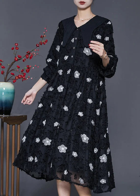 Italian Black Floral Exra Large Hem Long Dresses Spring Tunics Cozy soft