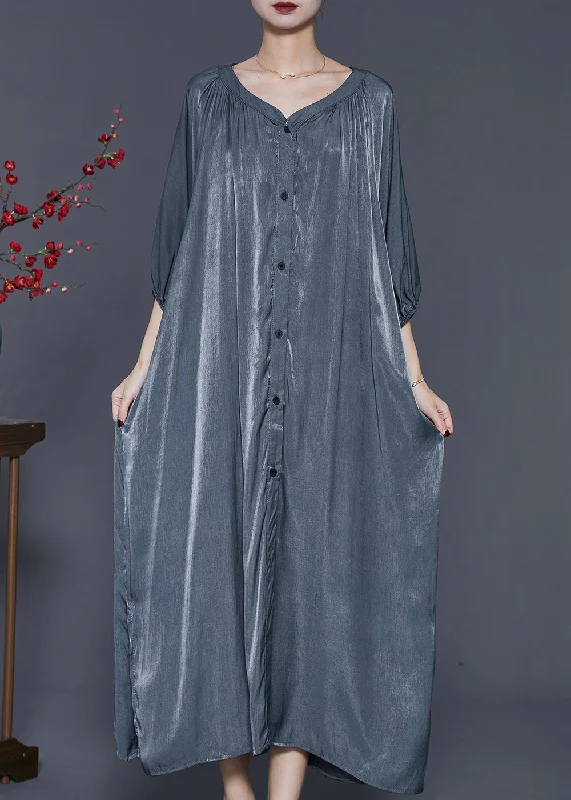 Italian Grey Oversized Linen Silk Long Dresses Summer Tunics Versatile functional