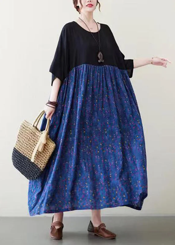 Loose Blue O-Neck Print Long Dress Short Sleeve Tunics Sale discount