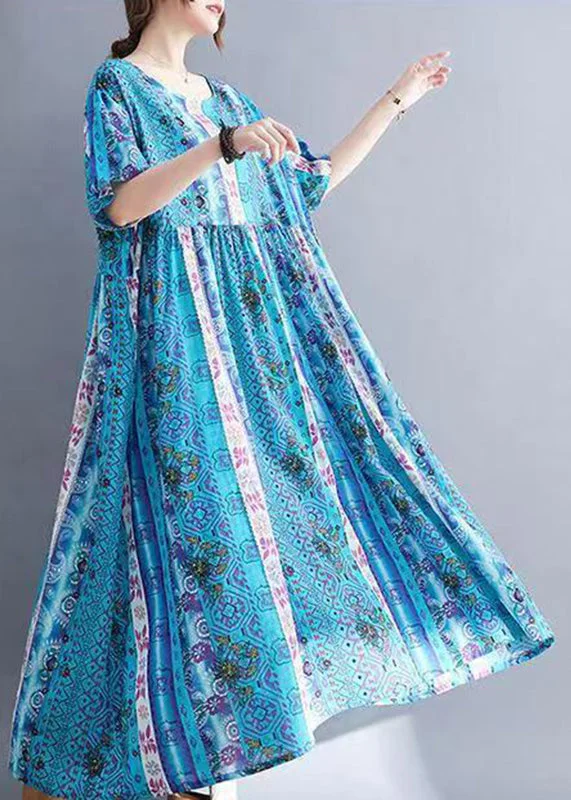 Loose Blue O-Neck Print Patchwork Long Dresses Short Sleeve Tunics Bridal satin