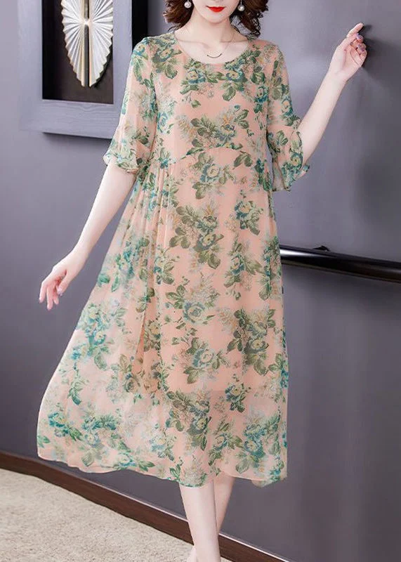 Loose Green Print O Neck High Waist Chiffon Dress Half Sleeve Tunics Business professional Loose Green Print O Neck High Waist Chiffon Dress Half Sleeve Tunics Business professional