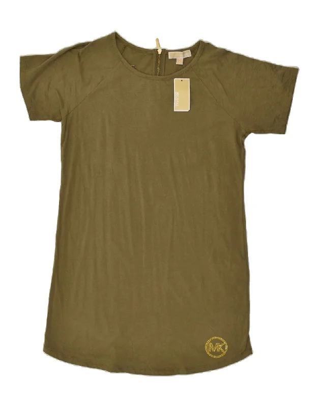 MICHAEL KORS Womens Graphic T-Shirt Dress UK 14 Large Green Cotton Welt Pockets Slit Pockets Flap Pockets MICHAEL KORS Womens Graphic T-Shirt Dress UK 14 Large Green Cotton Welt Pockets Slit Pockets Flap Pockets