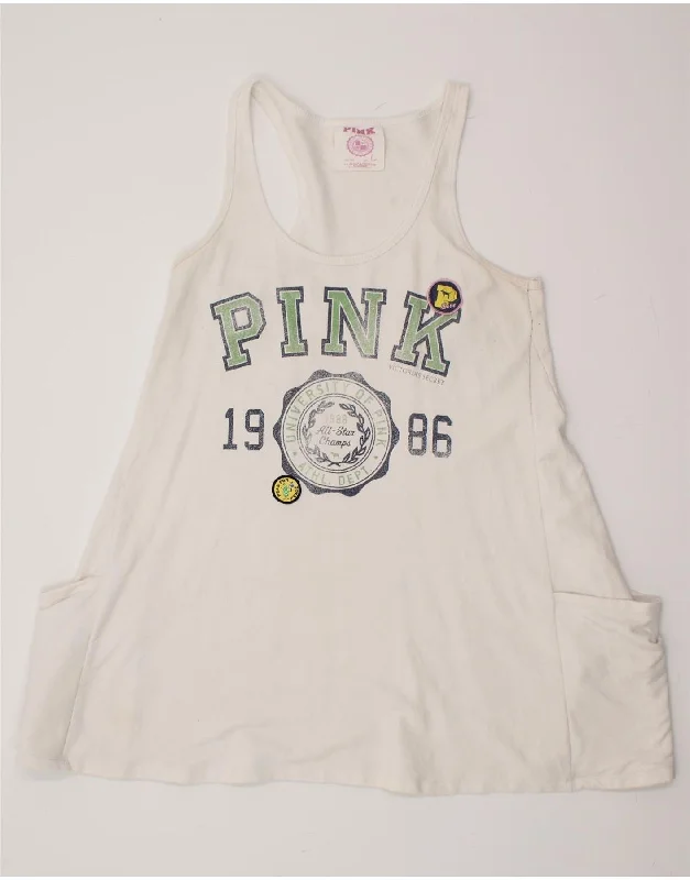 PINK Womens Graphic Sleeveless T-Shirt Dress UK 14 Large White Cotton Notch Collar Peter Pan Collar Cowl Neck PINK Womens Graphic Sleeveless T-Shirt Dress UK 14 Large White Cotton Notch Collar Peter Pan Collar Cowl Neck