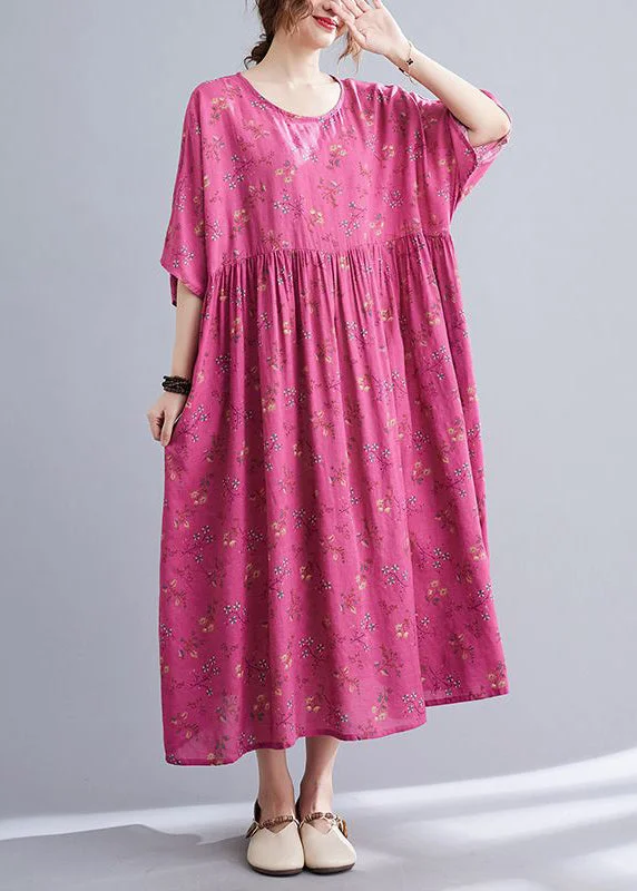 Plus Size Rose Print Pockets Cotton Long Dresses Summer Tunics stripes playful