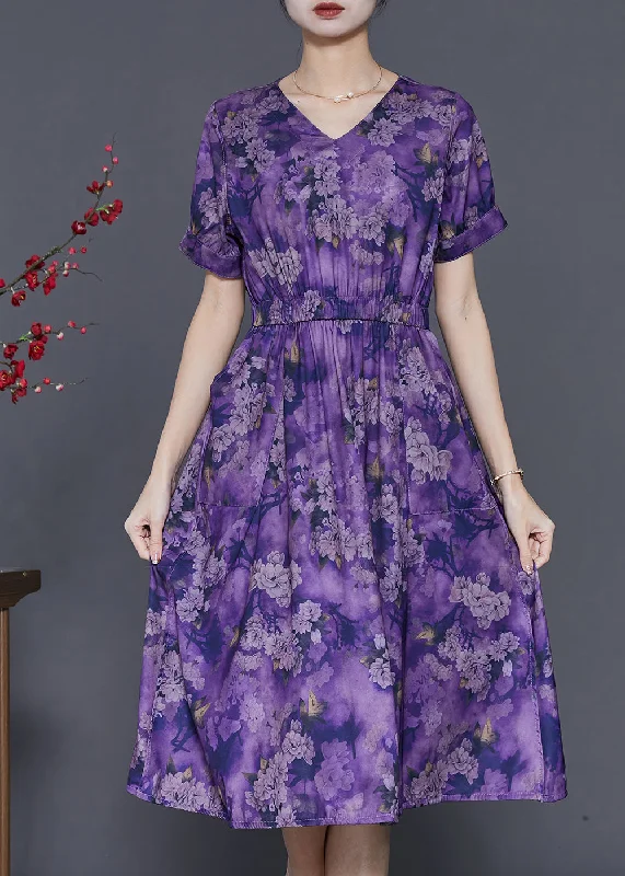 Purple Print Cotton Long Dresses Cinched Summer Tunics Sophisticated sleek