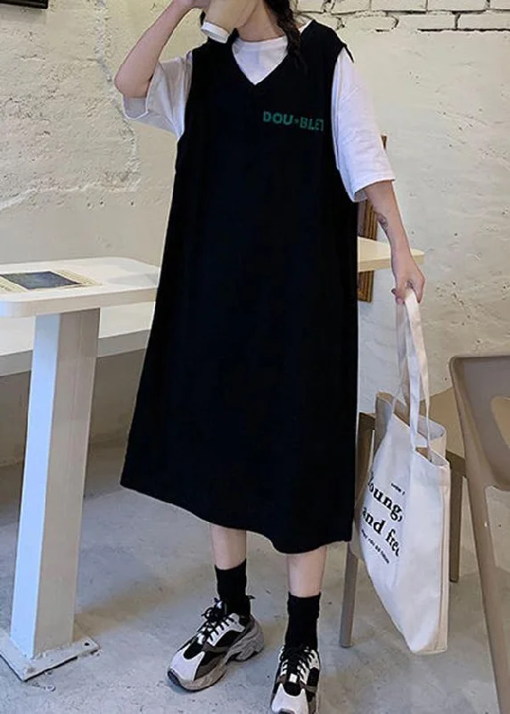 Stitching Black Fake Two Large T-shirt Loose Dress Anti-Shrink Durable Soft