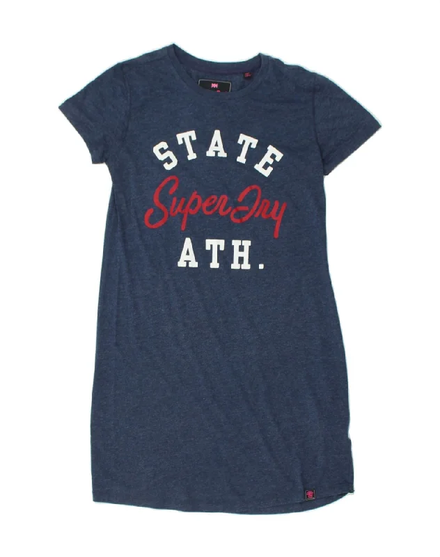 SUPERDRY Womens Graphic T-Shirt Dress UK 10 Small Blue Cotton Ribbed T-Shirt High Neck Heavyweight SUPERDRY Womens Graphic T-Shirt Dress UK 10 Small Blue Cotton Ribbed T-Shirt High Neck Heavyweight