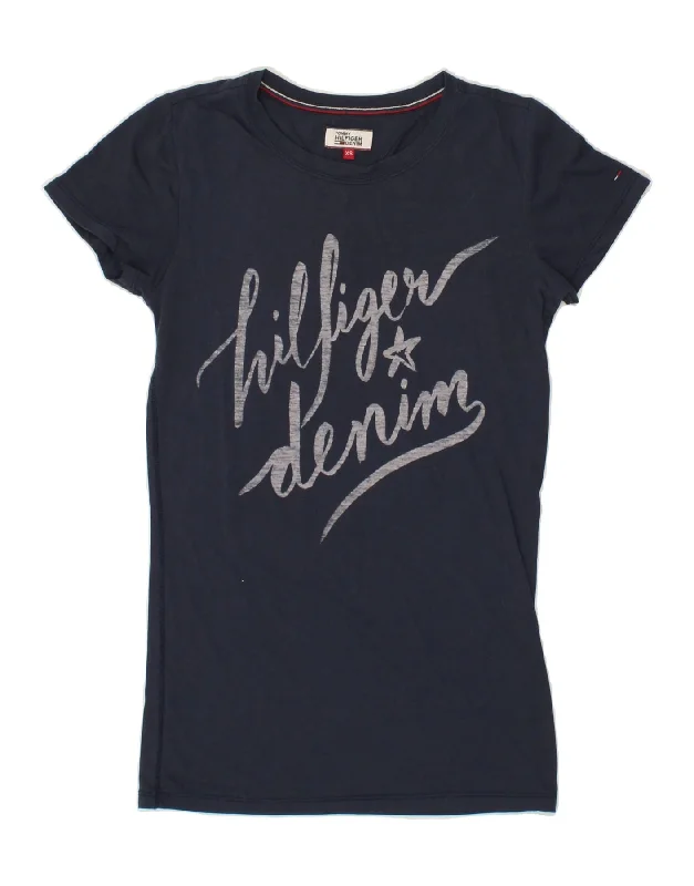TOMMY HILFIGER Womens Graphic T-Shirt Dress UK 6 XS Navy Blue Hooded Caped Shawl Collar TOMMY HILFIGER Womens Graphic T-Shirt Dress UK 6 XS Navy Blue Hooded Caped Shawl Collar