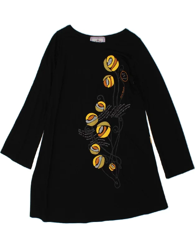 VINTAGE Womens Graphic Long Sleeve T-Shirt Dress UK 20 2XL Black Viscose Rayon Fabric Velvet Fabric Corduroy Fabric