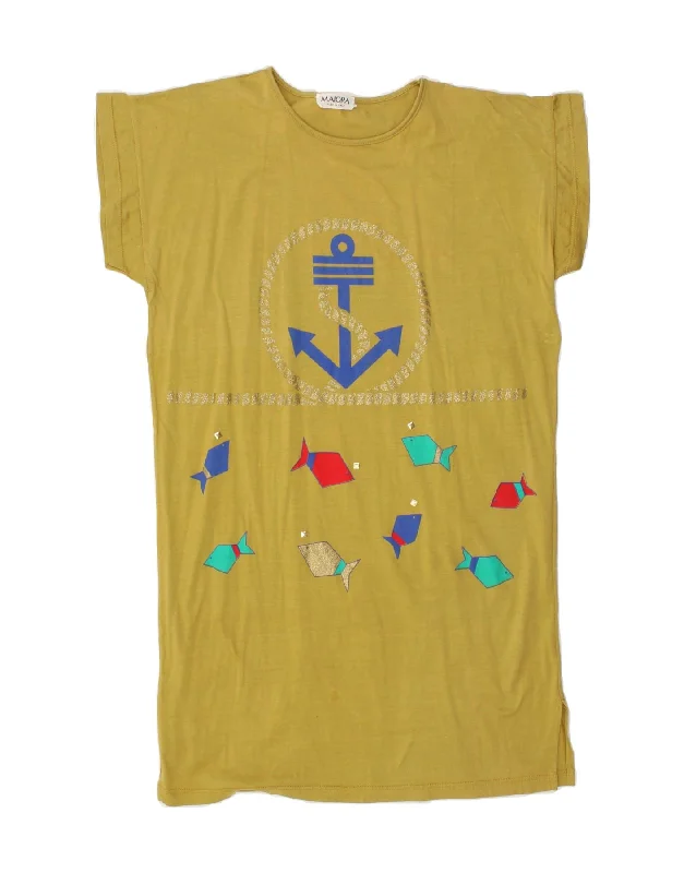 VINTAGE Womens Graphic T-Shirt Dress UK 14 Large Yellow Cotton Satin Fabric Silk Fabric Chiffon Fabric VINTAGE Womens Graphic T-Shirt Dress UK 14 Large Yellow Cotton Satin Fabric Silk Fabric Chiffon Fabric