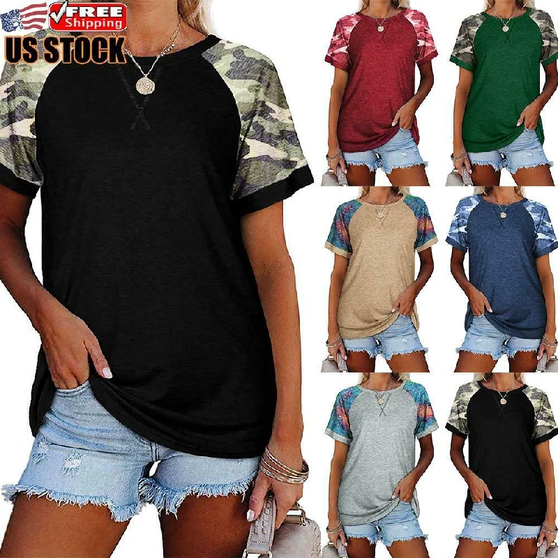 Women Casual Loose Camo Patchwork T-Shirt Handmade Hand-knitted Hand-woven