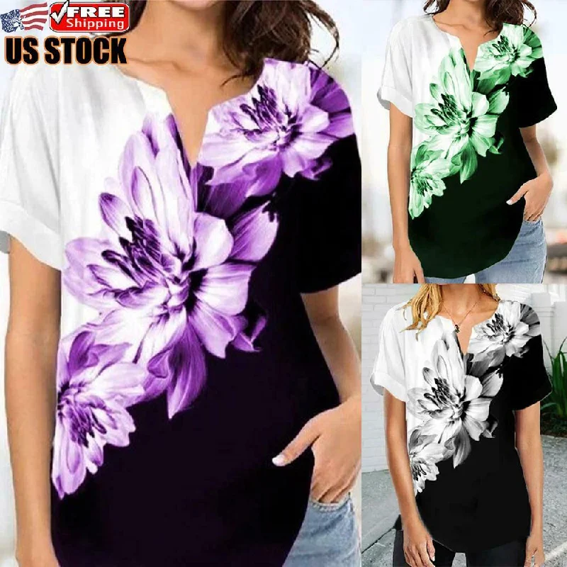 Women's V Neck Printed Tops Baggy T-shirt Anti-Shrink Durable Soft
