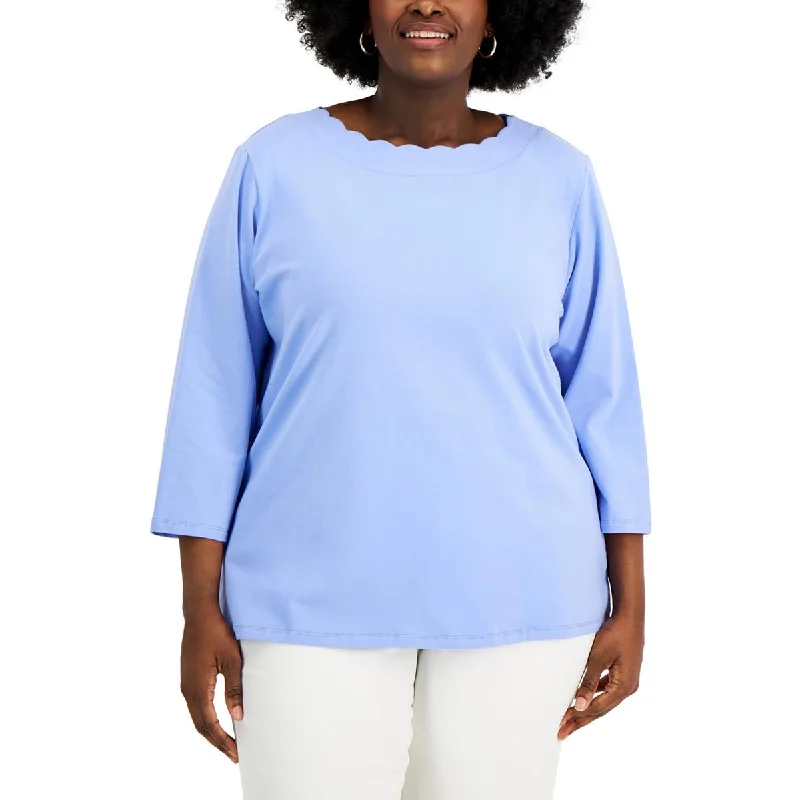 Anne Klein Womens 3/4 Sleeve Scalloped Pullover Top Slouchy Comfort Pullover