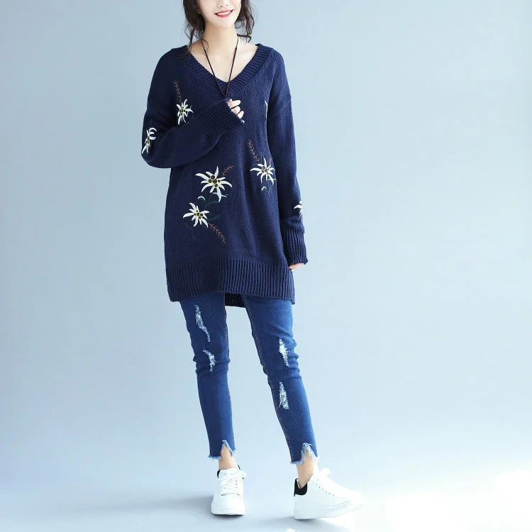 autumn fashion blue embroidery sweater dress oversize mid long knit pullover dresses Oblong Neck Pullover autumn fashion blue embroidery sweater dress oversize mid long knit pullover dresses Oblong Neck Pullover