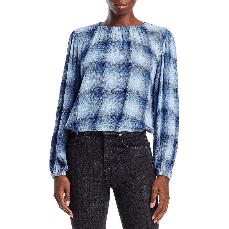 Bella Dahl Womens Plaid Shirred Pullover Top Puff Sleeve Stylish
