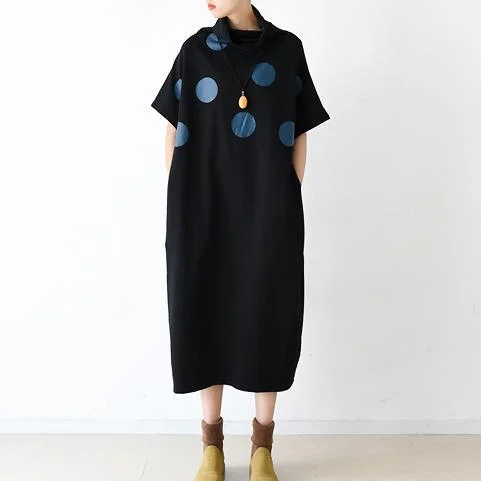 Black joyful dots pullover cotton dresses plus size caftans turtle neck Saggy Sleeve Comfort Black joyful dots pullover cotton dresses plus size caftans turtle neck Saggy Sleeve Comfort