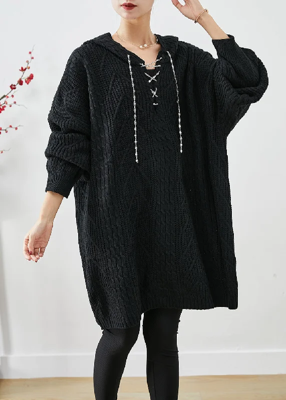 Black Loose Knit Long Sweater Dress Hooded Fall Jersey Fabric Tulle Fabric Batik Fabric