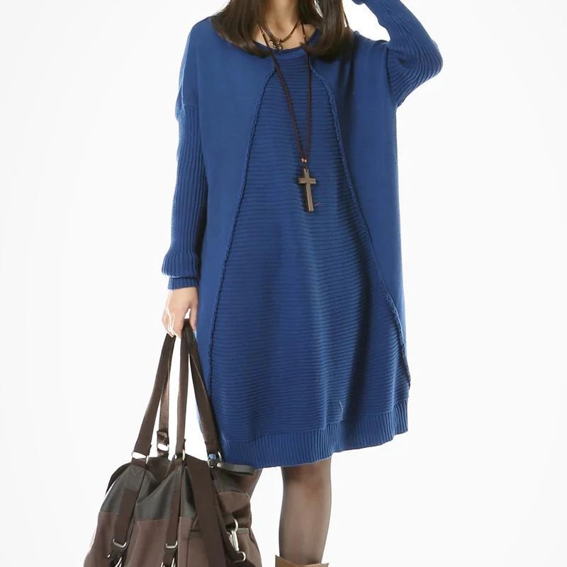 Blue long women sweaters causal pullover knit dresses Lantern Sleeve Elegant