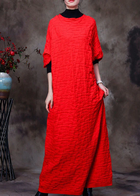 Boutique Red O-Neck Patchwork Knit Knit Sweater Dress Winter Chenille Blend Fleece Blend Nylon Blend