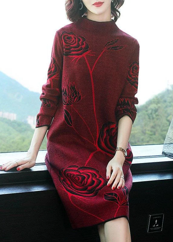 Boutique Red Turtle Neck Floral Print Knit Sweater Dresses Long Sleeve Cashmere Blend Cotton Blend Poly Blend