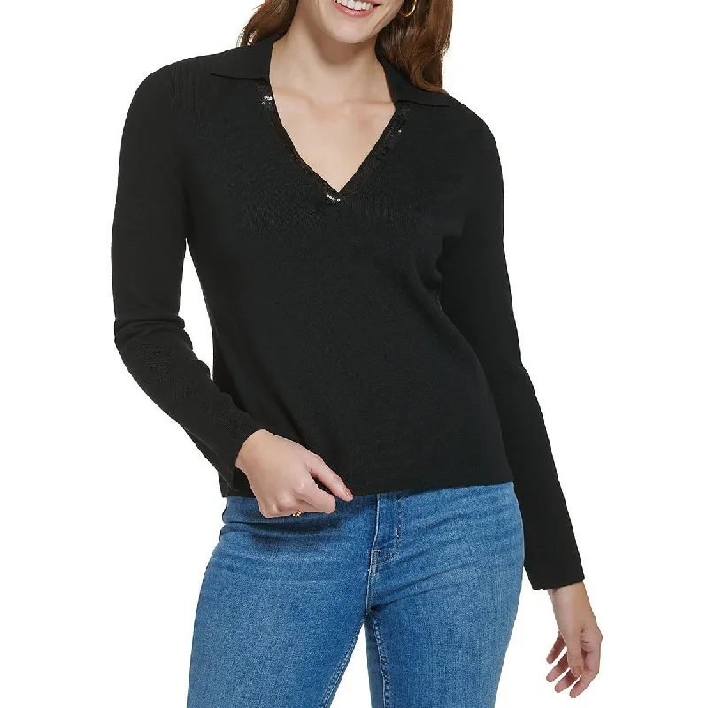 Calvin Klein Womens Plus Embellished V-Neck Pullover Sweater Batwing Sleeve Top