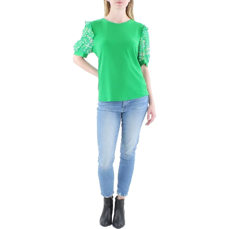 CeCe Womens Floral Print Sleeves Ruffle Pullover Top Thick Cable Knit