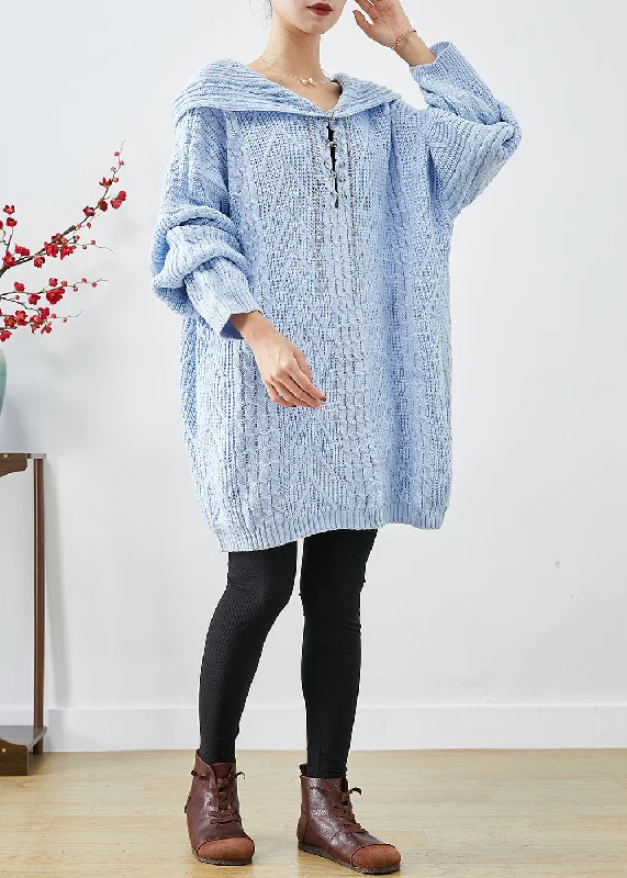 Chic Sky Blue Hooded Oversized Knit Sweater Dress Fall Fleece Sweater Nylon Polyester
