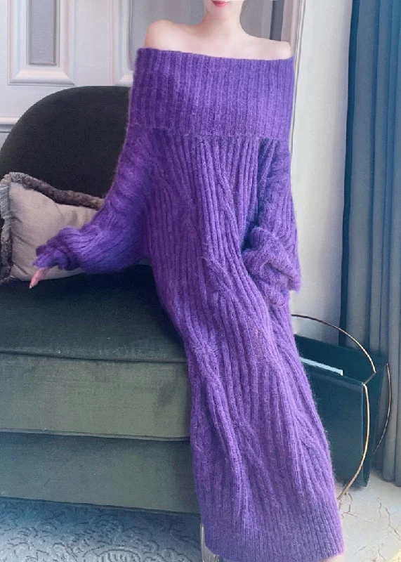 Classy Purple Cold Shoulder Patchwork Ma Hai Mao Knit Sweater Dress Winter High Neck Crew Neck V-Neck