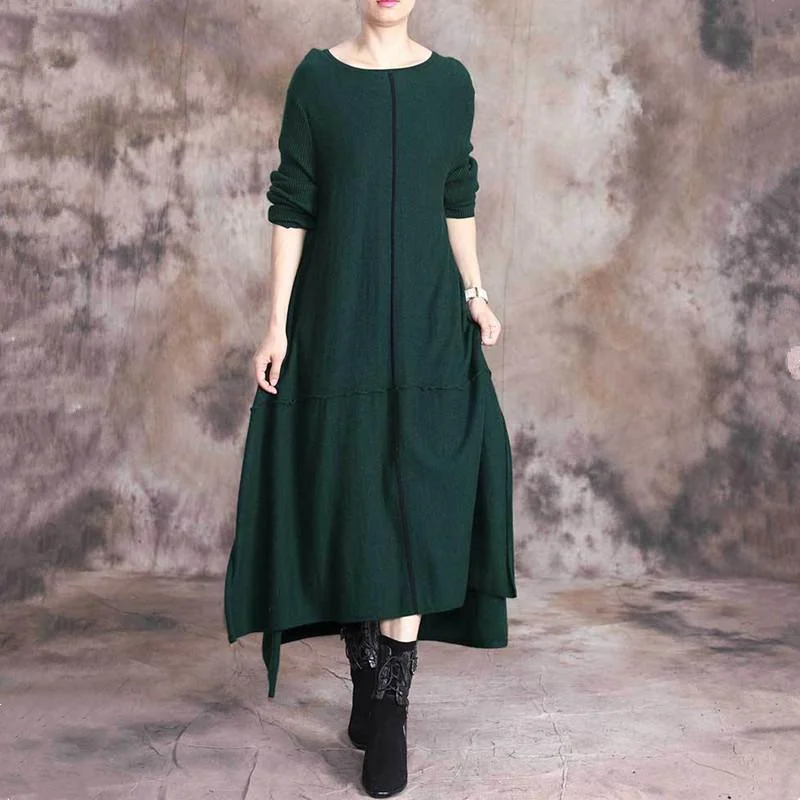 Cute green Sweater dress outfit DIY o neck asymmetric Art fall knit dresses Chenille Fabric Brocade Fabric Lace Fabric