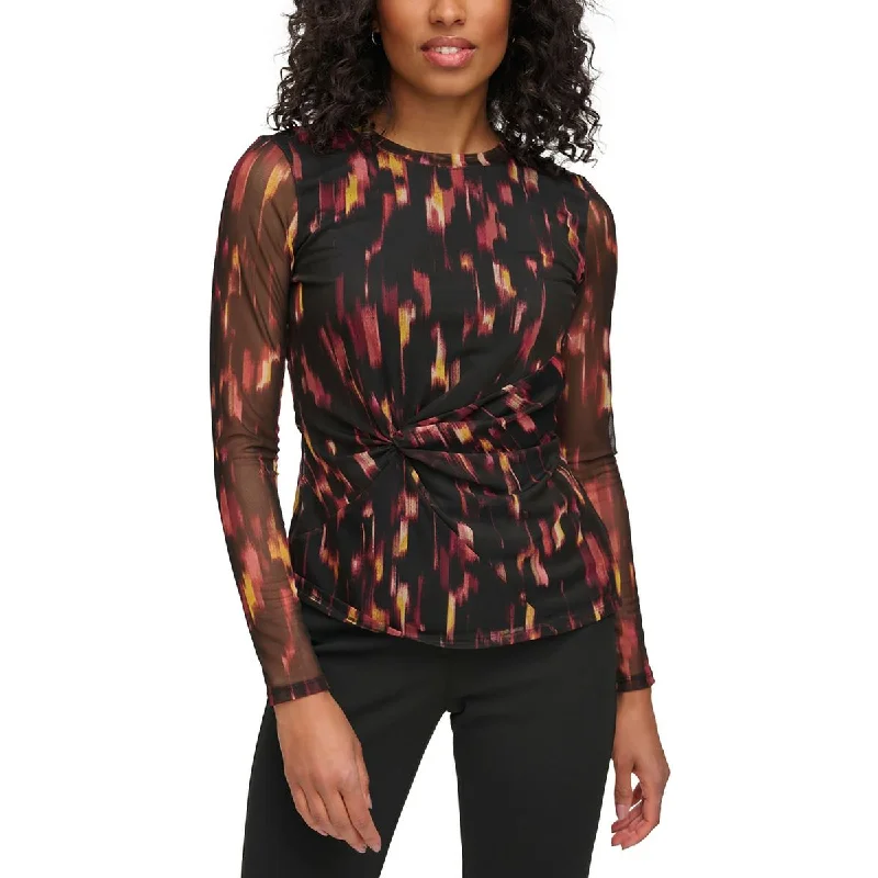 DKNY Womens Side Knot Printed Pullover Top Chenille Soft Sweater