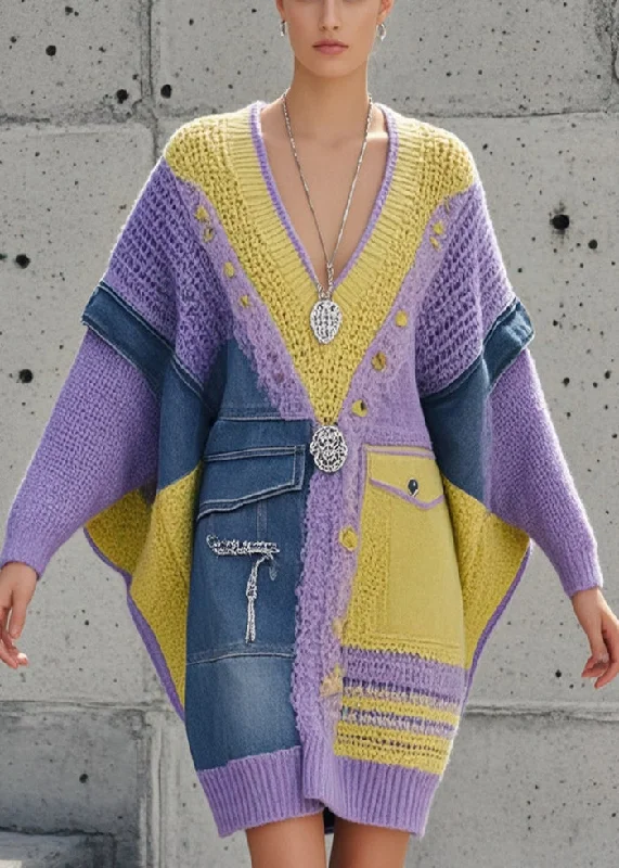Elegant Purple Asymmetrical Patchwork Denim Long Sweater Batwing Sleeve Transparent Opaque Sheer