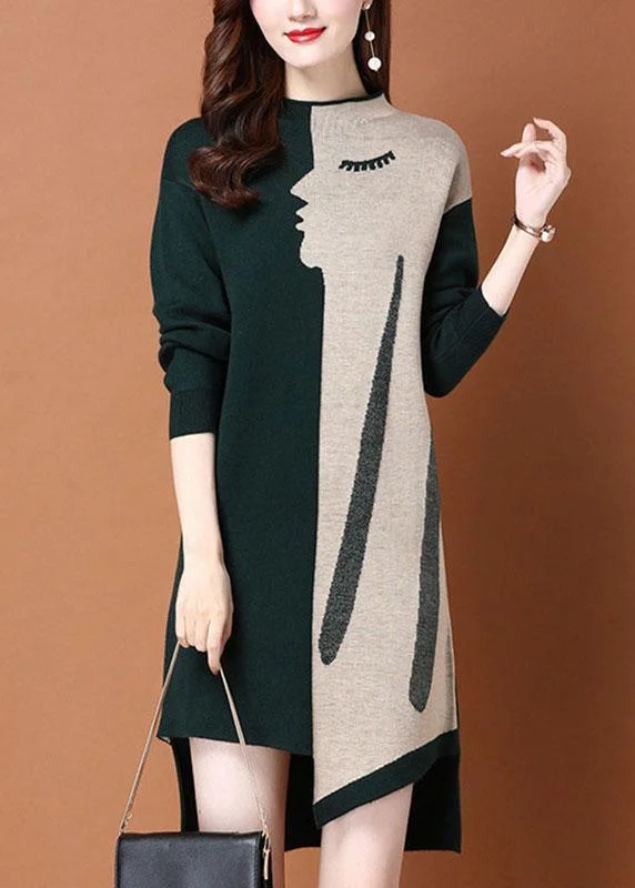 Fashion Green Patchwork asymmetrical design slim fit Fall Sweater Dress Spandex Blend Rayon Blend Denim Blend