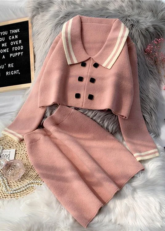 French Pink Knitted suit women's new short sweater Pullover skirt two piece set in early autumn 2024 Keyhole Neck Pullover French Pink Knitted suit women's new short sweater Pullover skirt two piece set in early autumn 2024 Keyhole Neck Pullover