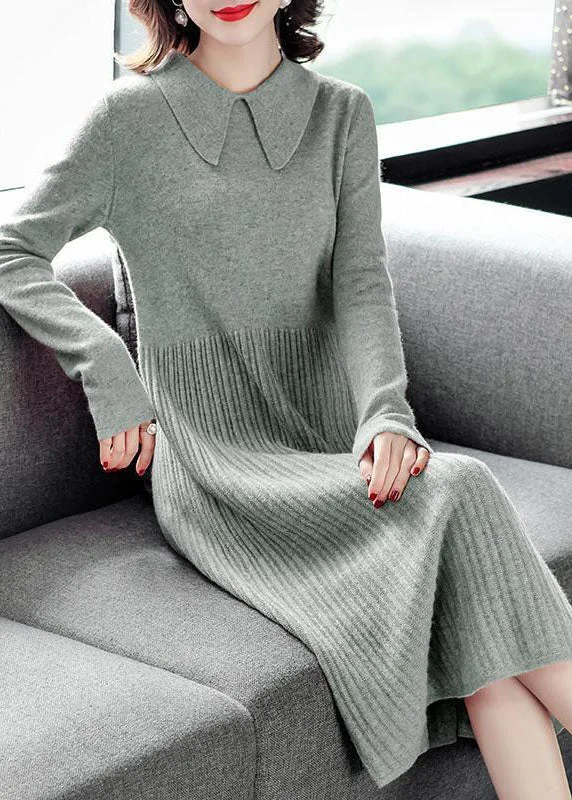 Modern Green Solid Color Peter Pan Collar Wrinkled Knit Sweater Dress Long Sleeve Wool Fabric Cashmere Fabric Tweed Fabric Modern Green Solid Color Peter Pan Collar Wrinkled Knit Sweater Dress Long Sleeve Wool Fabric Cashmere Fabric Tweed Fabric