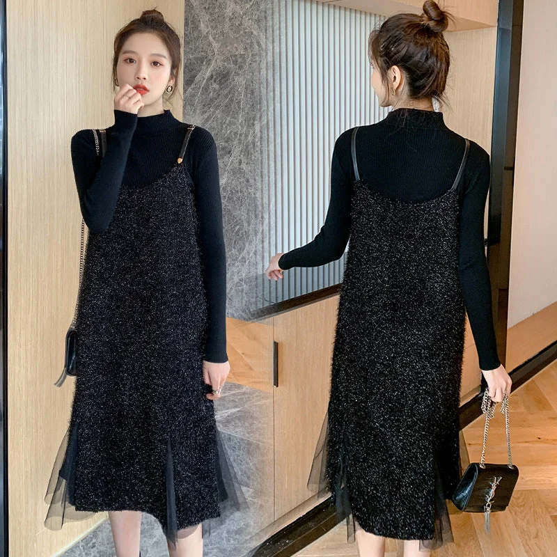 NiDELL Maternity Dress . Autumn and Winter New Suit Fashion Black Camisole Dress Bottoming Two-Piece Sweater Houndstooth Herringbone Solid